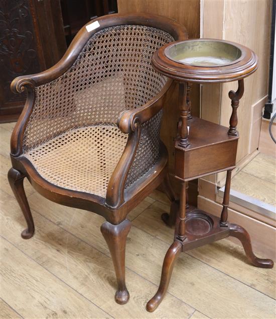A canework bergere chair and a mahogany washstand W.50cm